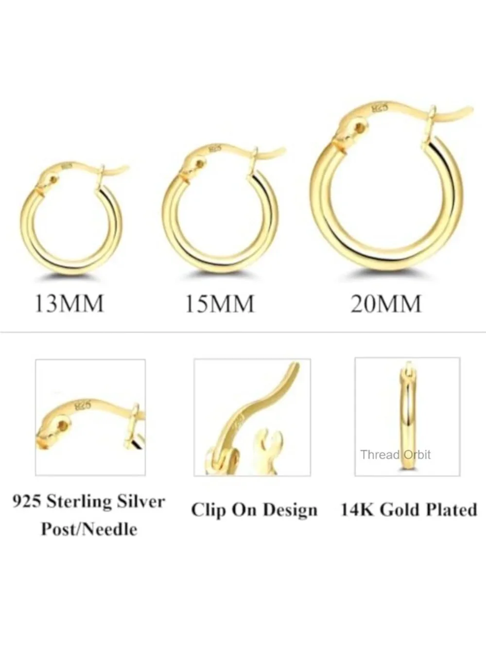 3 Pairs Small Gold Hoop Earrings Set, 13-20mm, Sterling Silver Post, 14K Gold